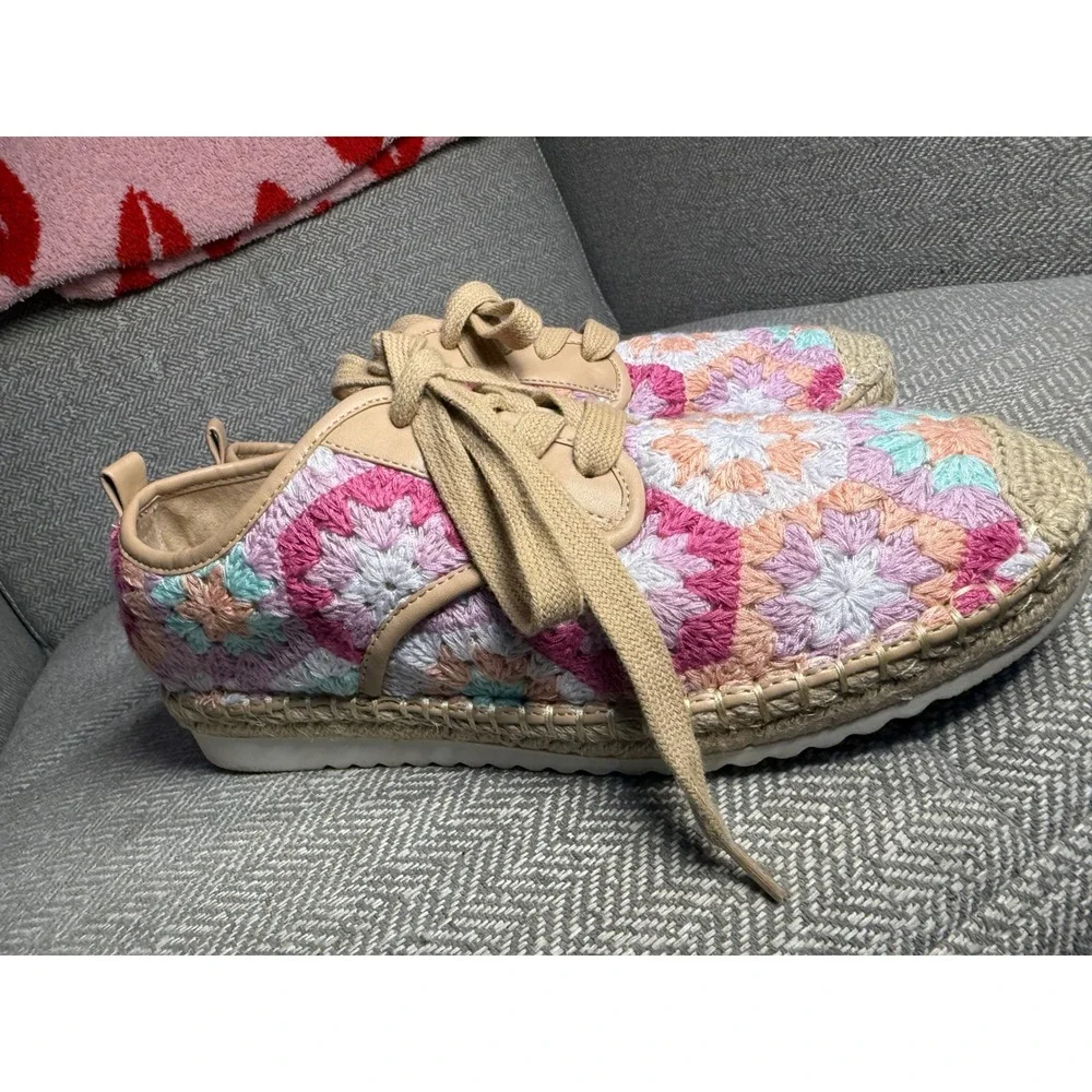 Copper Key Crochet Espadrille Sneakers Multi Granny Square Pink Orange‎ Size 8M
